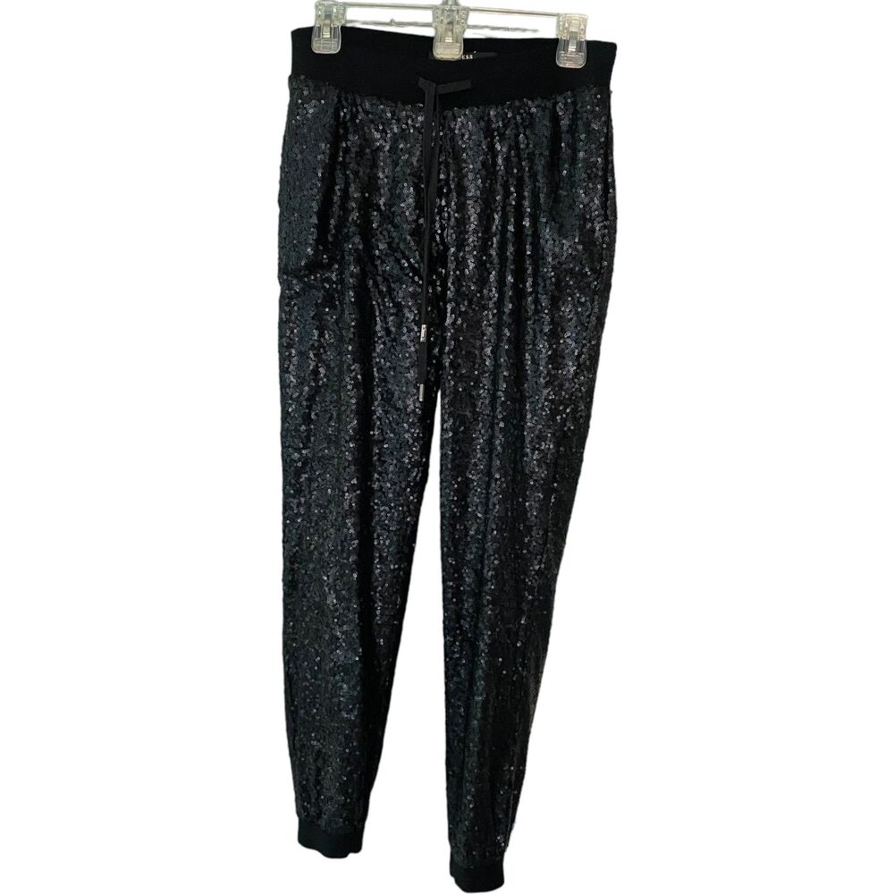 Guess Women Sequin Joggers Black With Pockets Sport Casual Small